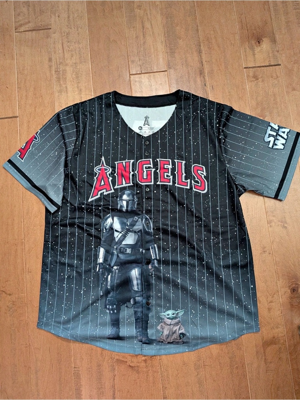 Angels XL Star Wars Mandalorian Baseball Jersey in Black and Gray